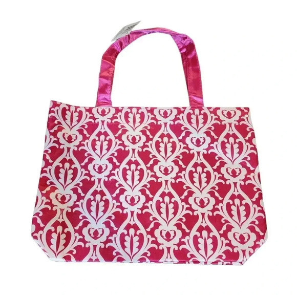NEW Small Satin Pink White Tote Bag H 10" X W 14" - Picture 3 of 5
